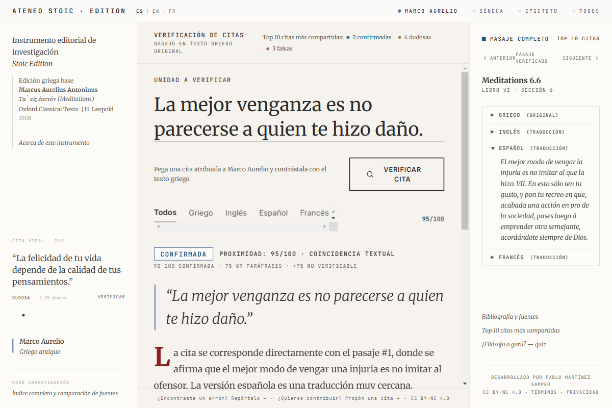 Verificación de cita estoica en Ateneo — resultado CONFIRMADA 95/100 con contraste multilingüe